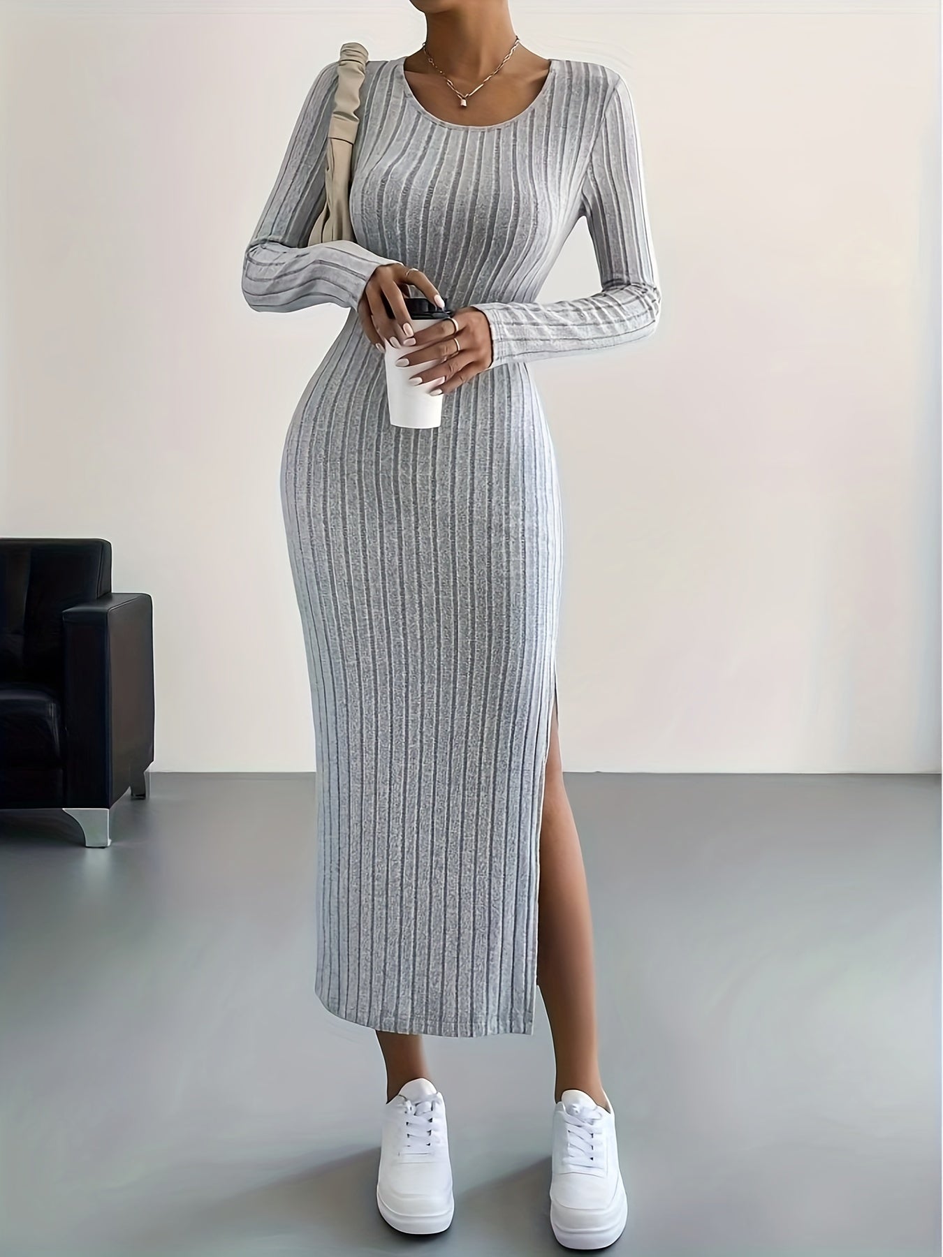 Ribbed Knit Long Sleeve Dress