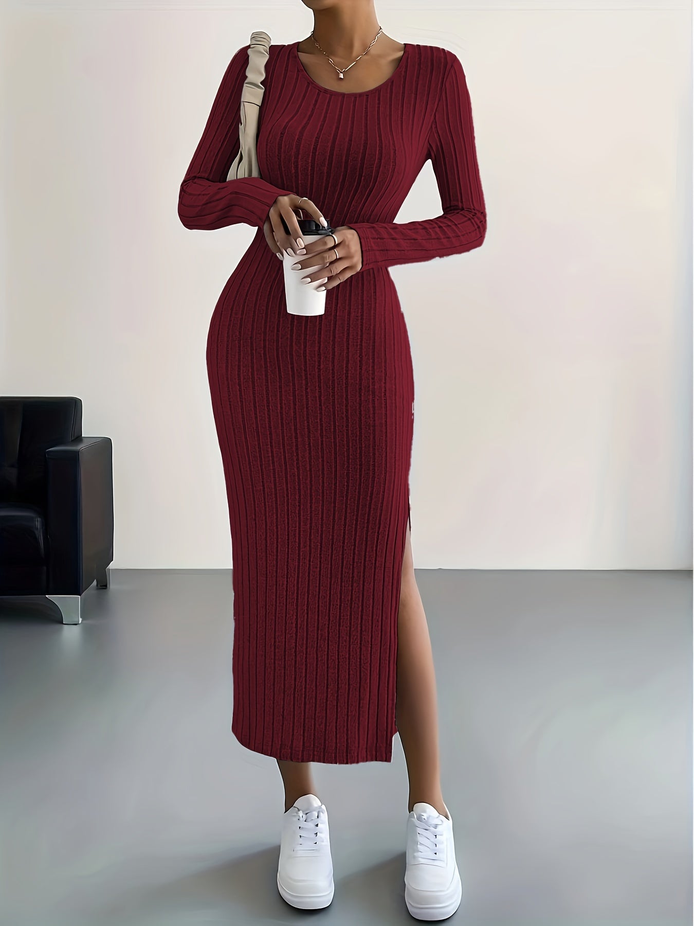 Ribbed Knit Long Sleeve Dress