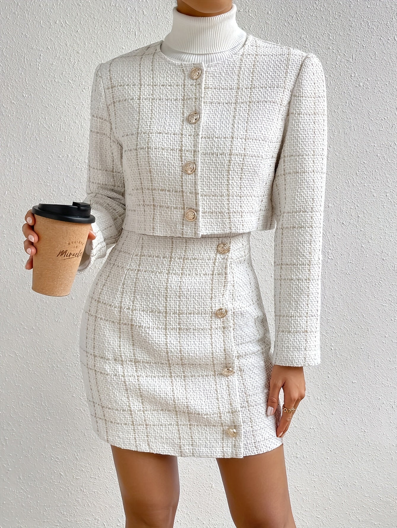 Plaid Pattern Button Front Skirt Set