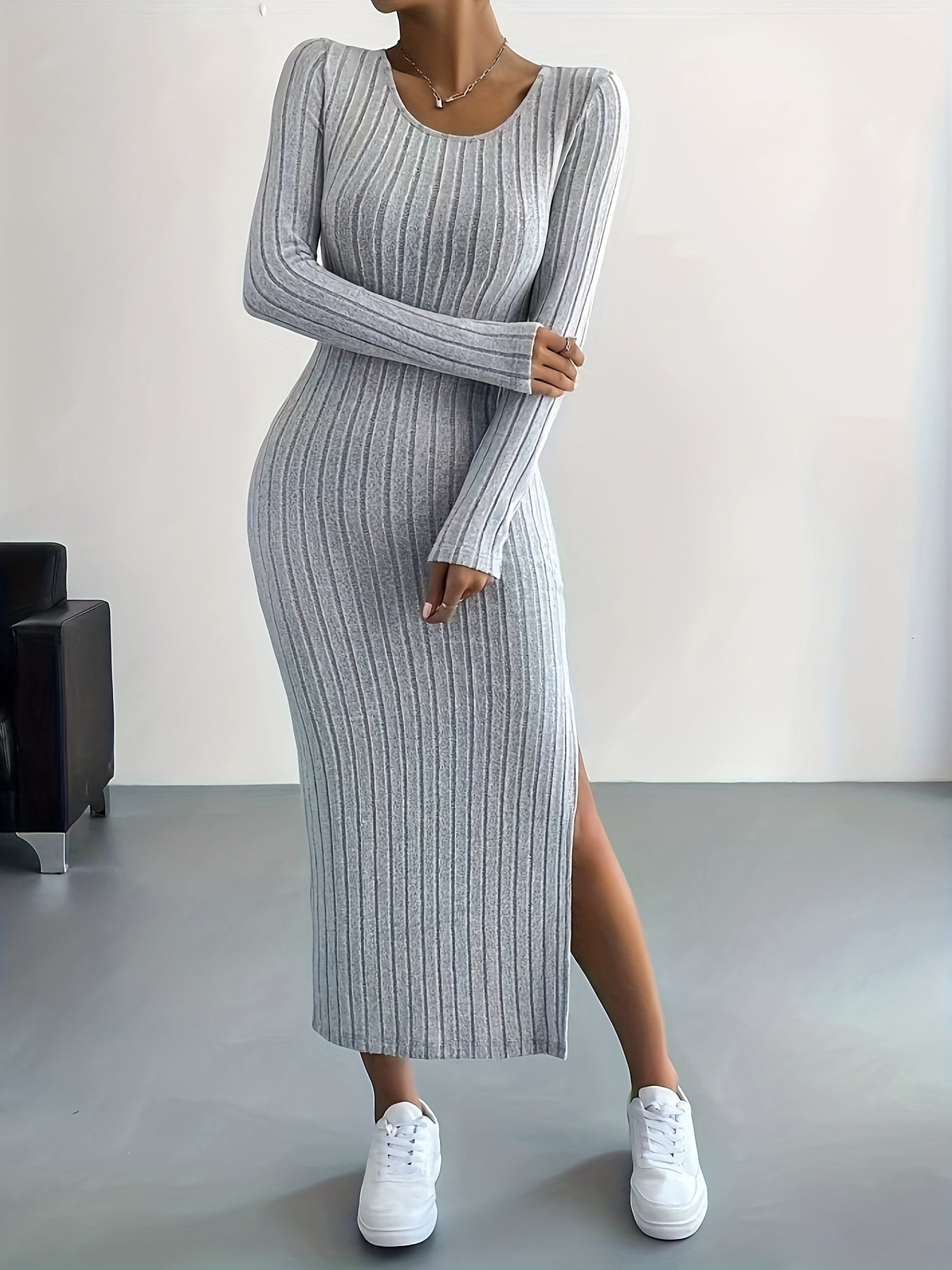 Ribbed Knit Long Sleeve Dress