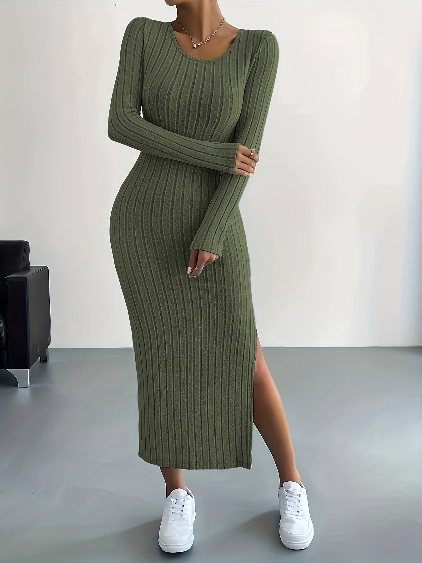 Ribbed Knit Long Sleeve Dress