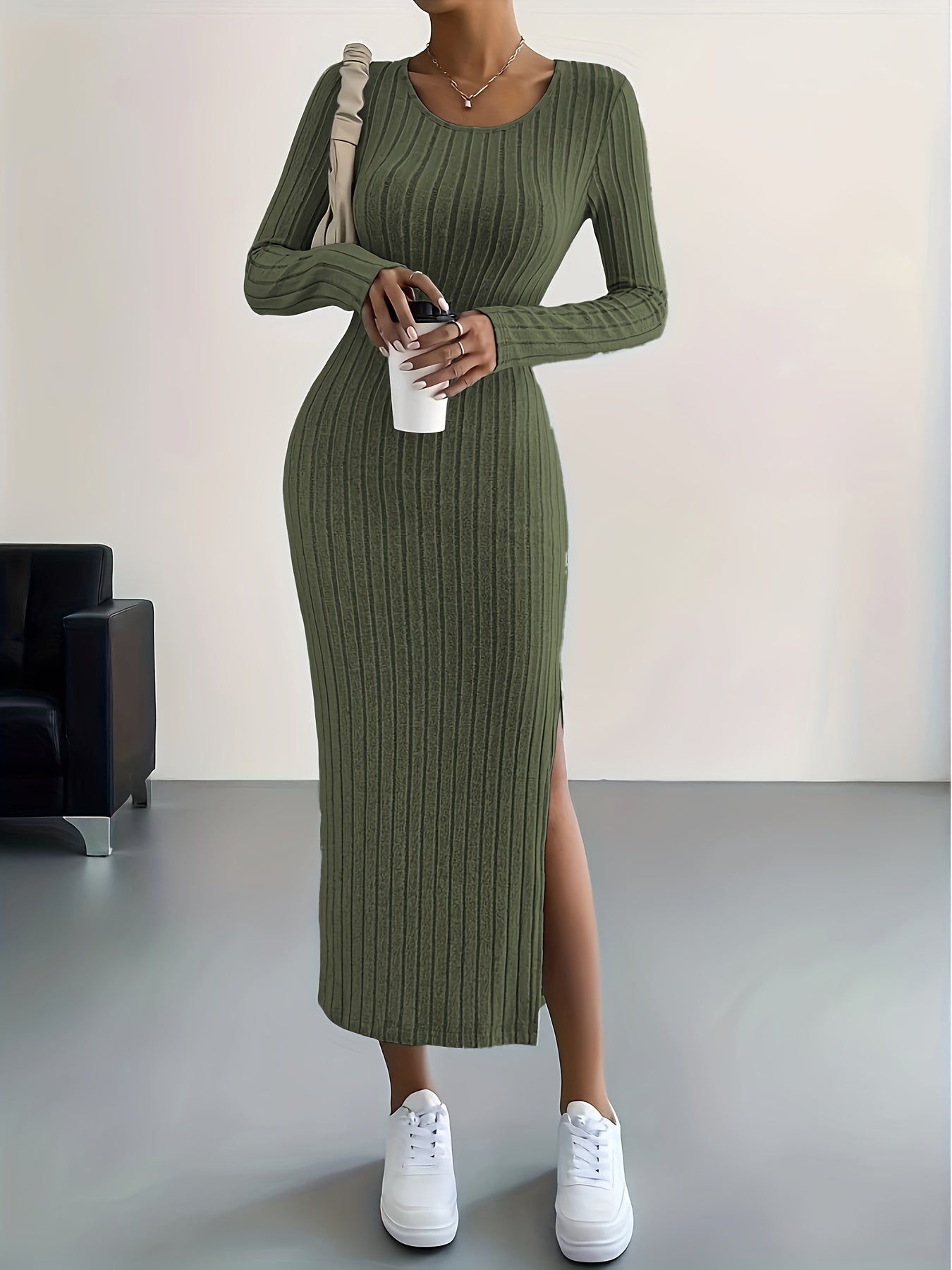 Ribbed Knit Long Sleeve Dress