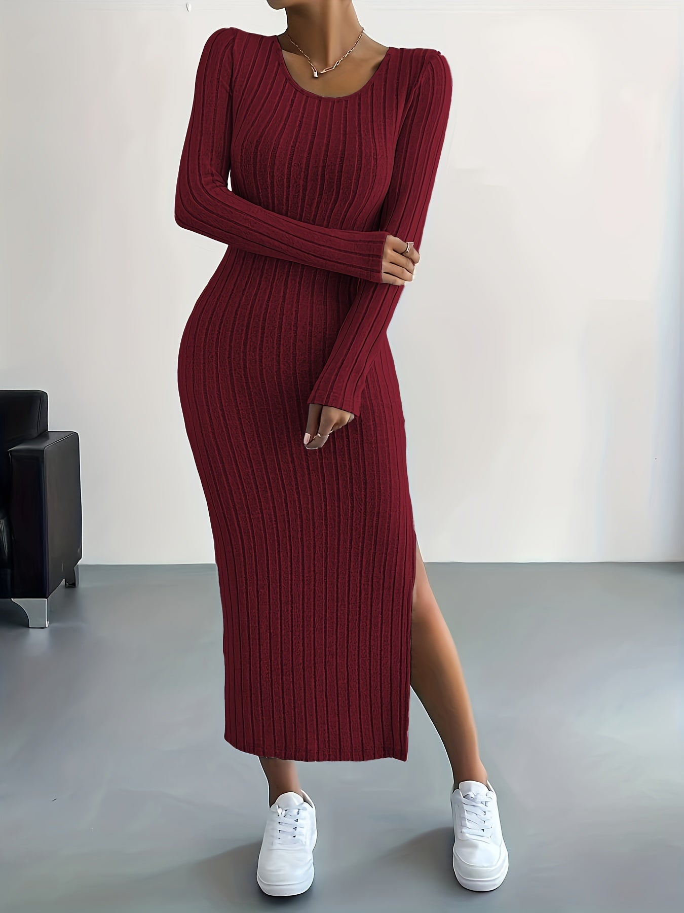 Ribbed Knit Long Sleeve Dress